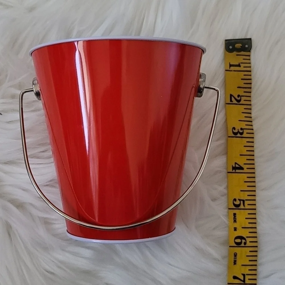 Set of 8 red tin pails with handles